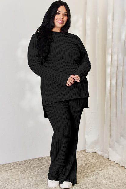 Basic Bae Full Size Ribbed High-Low Top and Wide Leg Pants Set - UrbanEthereal