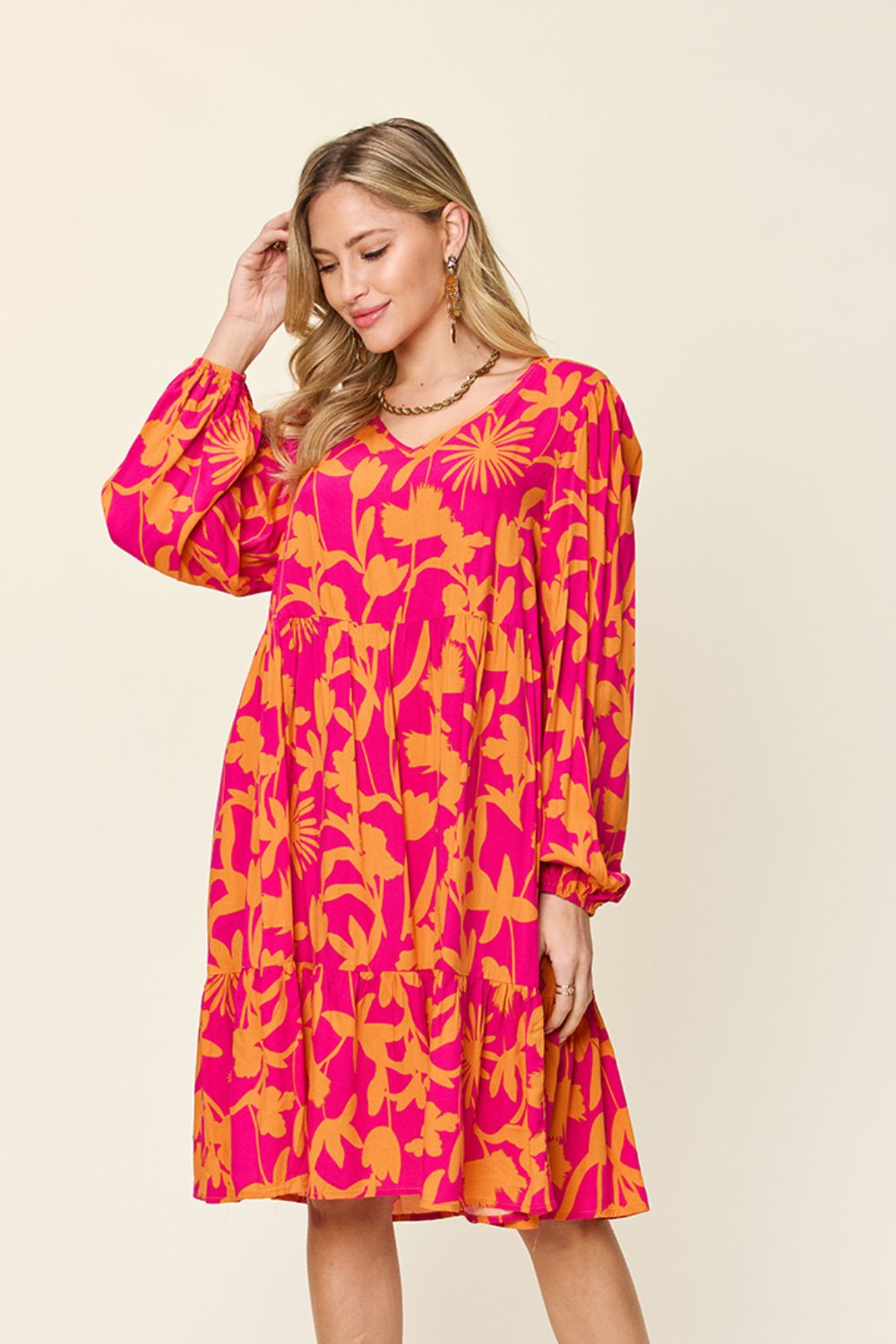 Double Take Full Size Printed Ruffle Hem Dress with Pocket - UrbanEthereal
