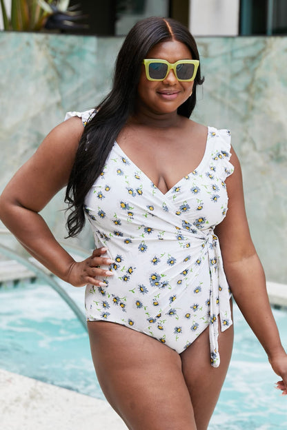 Marina West Swim Float On Ruffle Faux Wrap One-Piece in Daisy Cream - UrbanEthereal