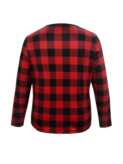 Plus Size Plaid Notched Buttoned Long Sleeve T-Shirt