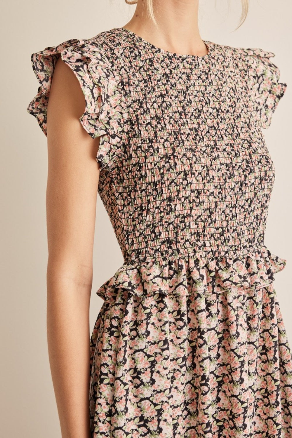 In February Floral Smocked Ruffled Midi Dress - UrbanEthereal