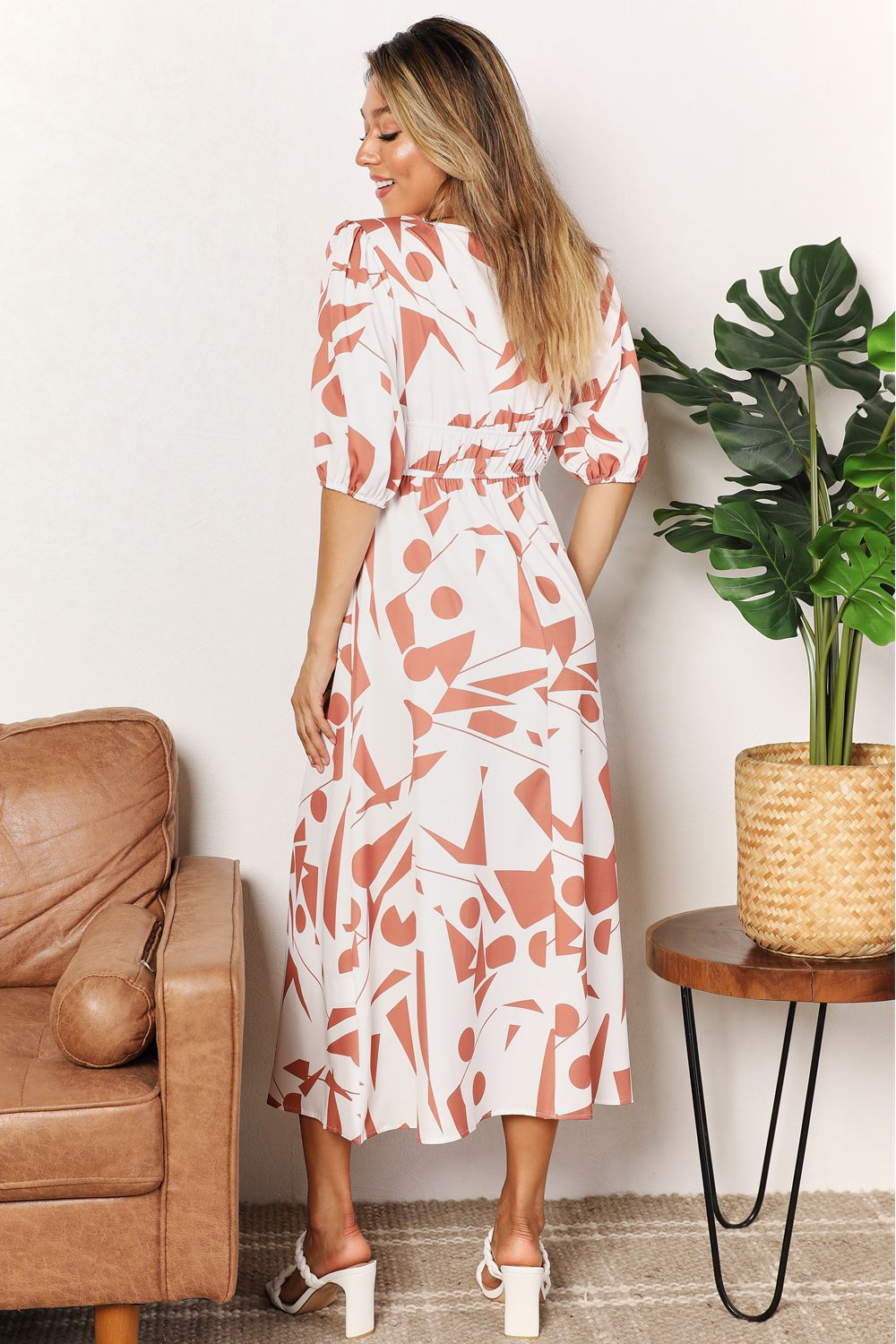 Printed Surplice Balloon Sleeve Dress - UrbanEthereal