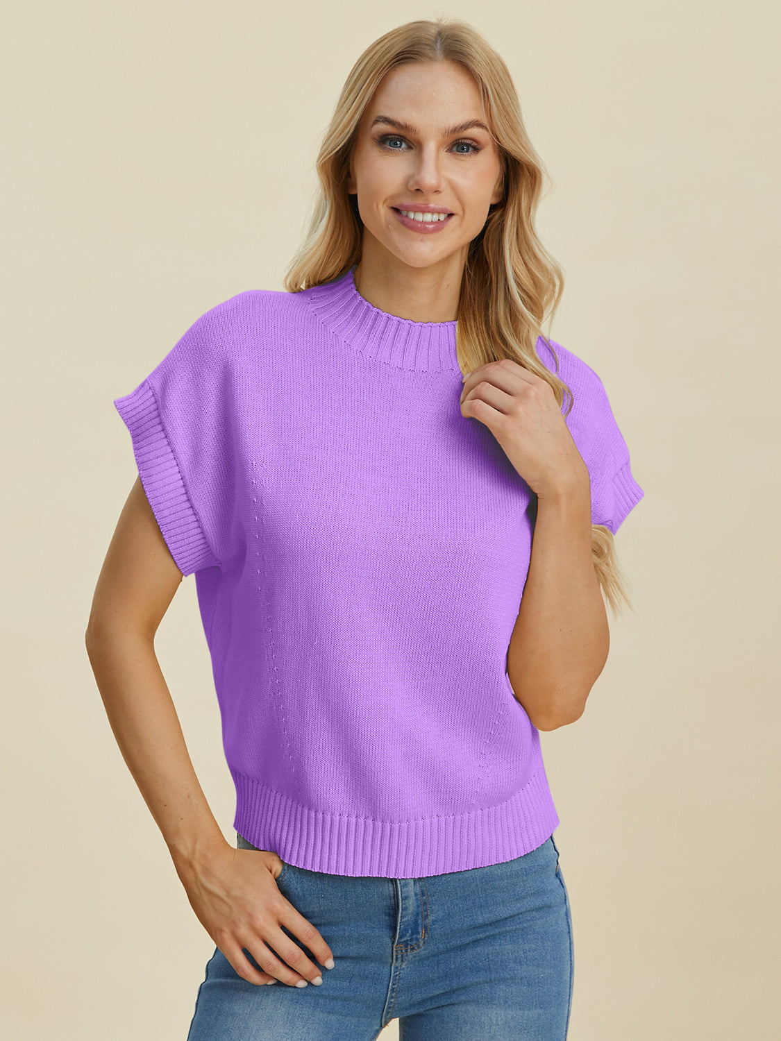 Double Take Full Size Mock Neck Short Sleeve Sweater - UrbanEthereal