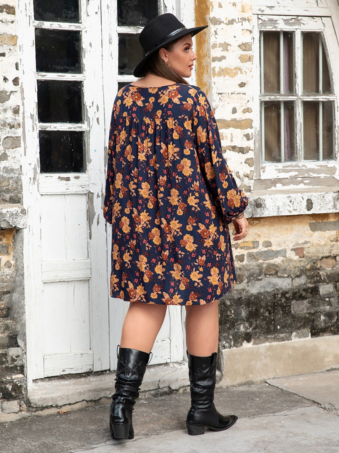 Plus Size Floral V-Neck Balloon Sleeve Dress - UrbanEthereal