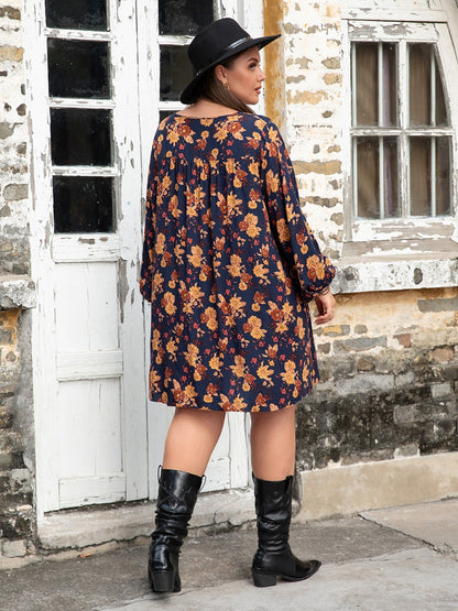 Plus Size Floral V-Neck Balloon Sleeve Dress - UrbanEthereal