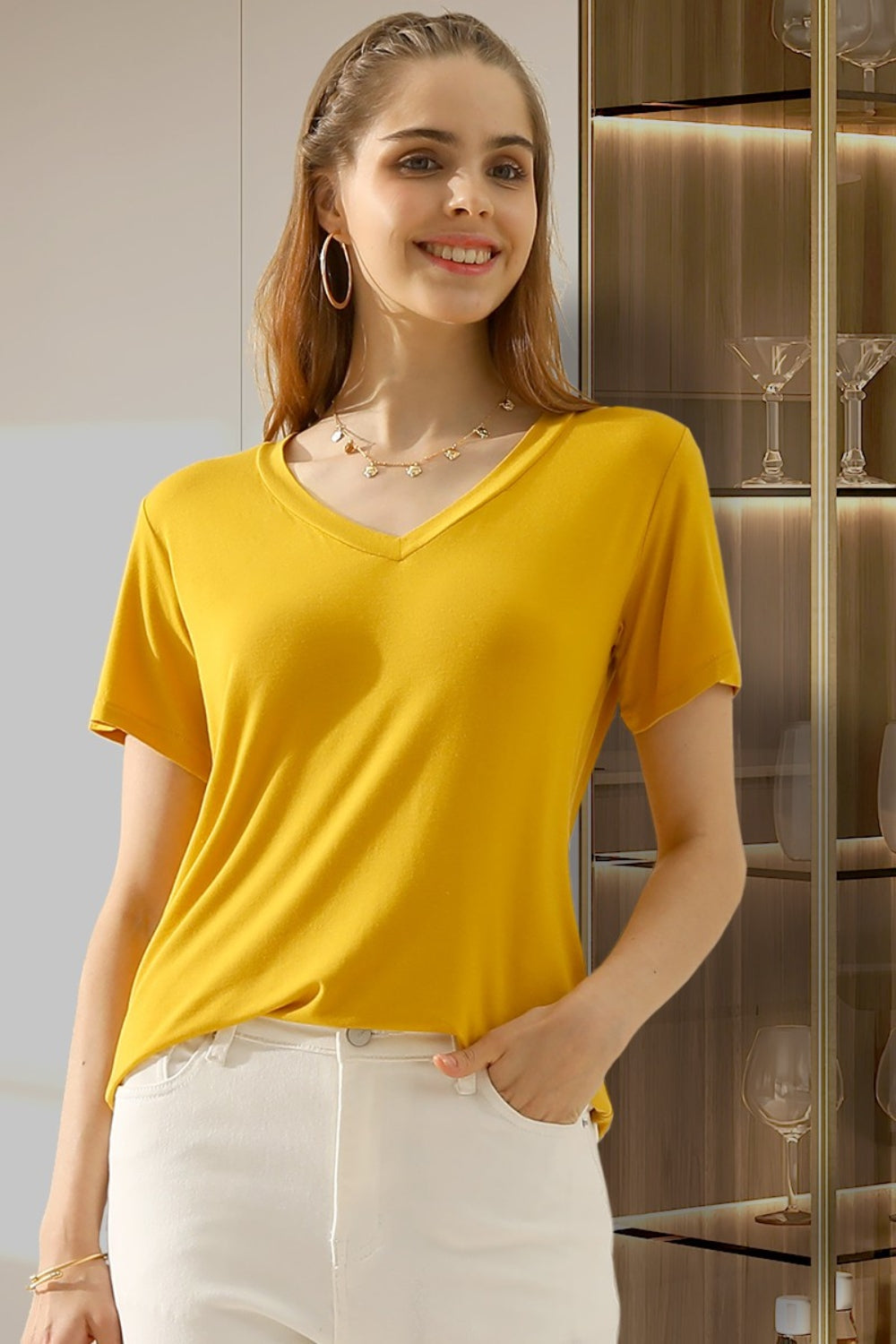 Ninexis Full Size V-Neck Short Sleeve T-Shirt - UrbanEthereal