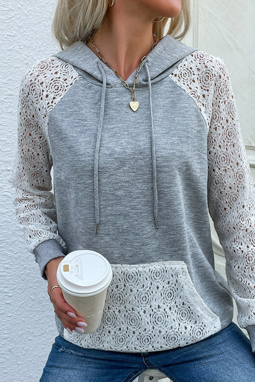 Perfee Lace Raglan Sleeve Drawstring Hoodie