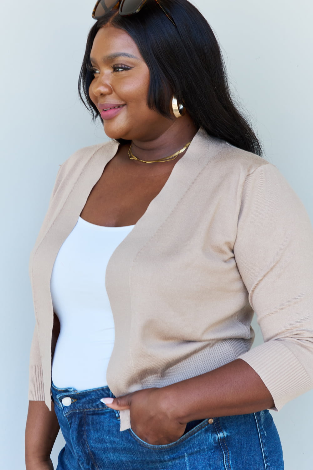 Doublju My Favorite Full Size 3/4 Sleeve Cropped Cardigan in Khaki - UrbanEthereal