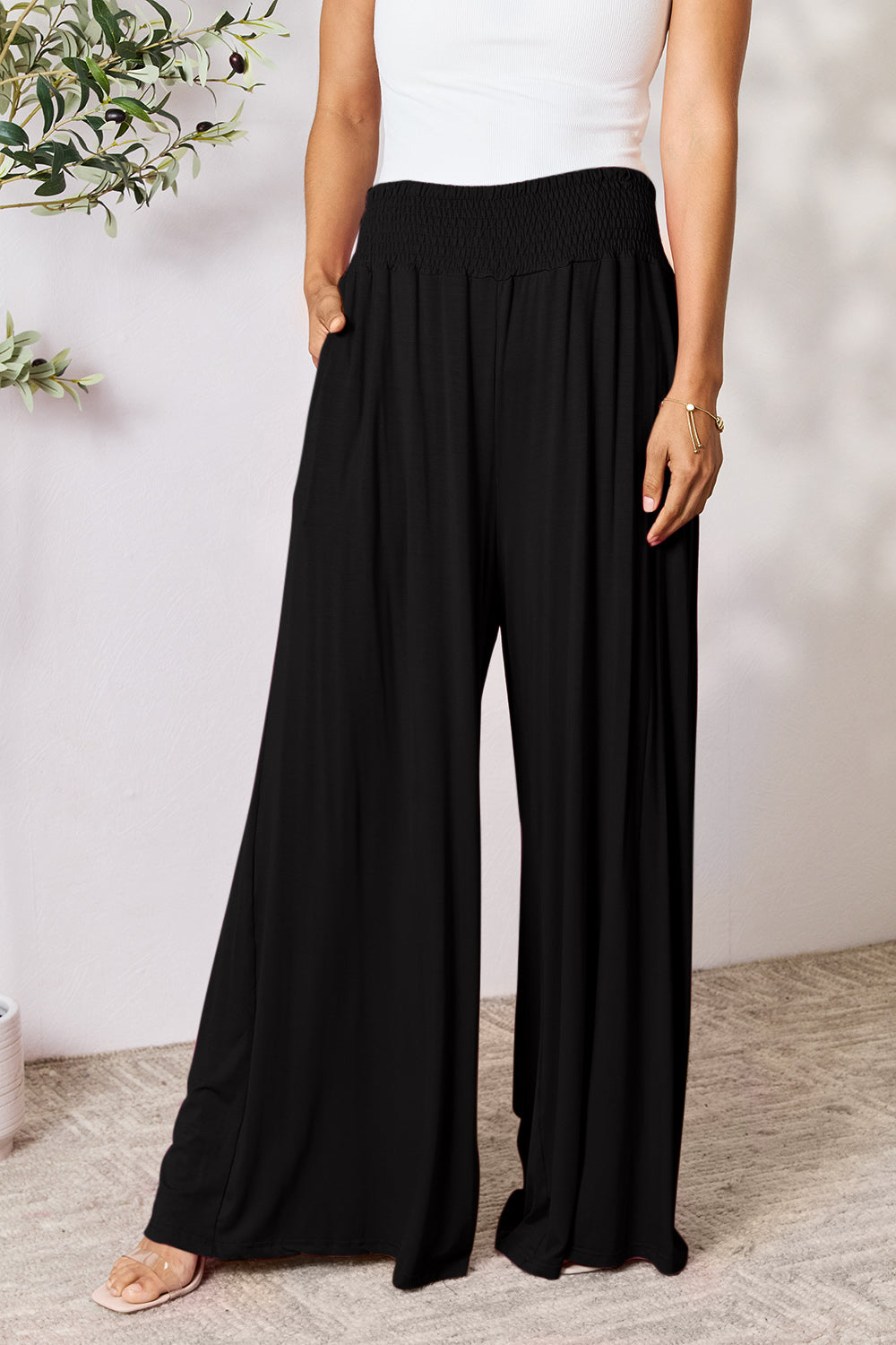 Double Take Full Size Smocked Wide Waistband Wide Leg Pants - UrbanEthereal