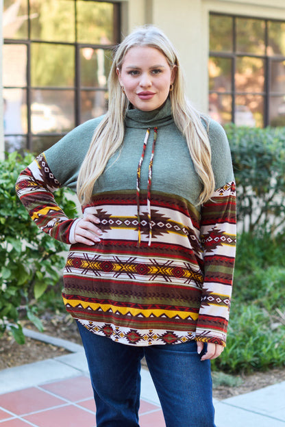 Celeste Design Full Size Geometric Turtleneck Drawstring Knit Top - UrbanEthereal