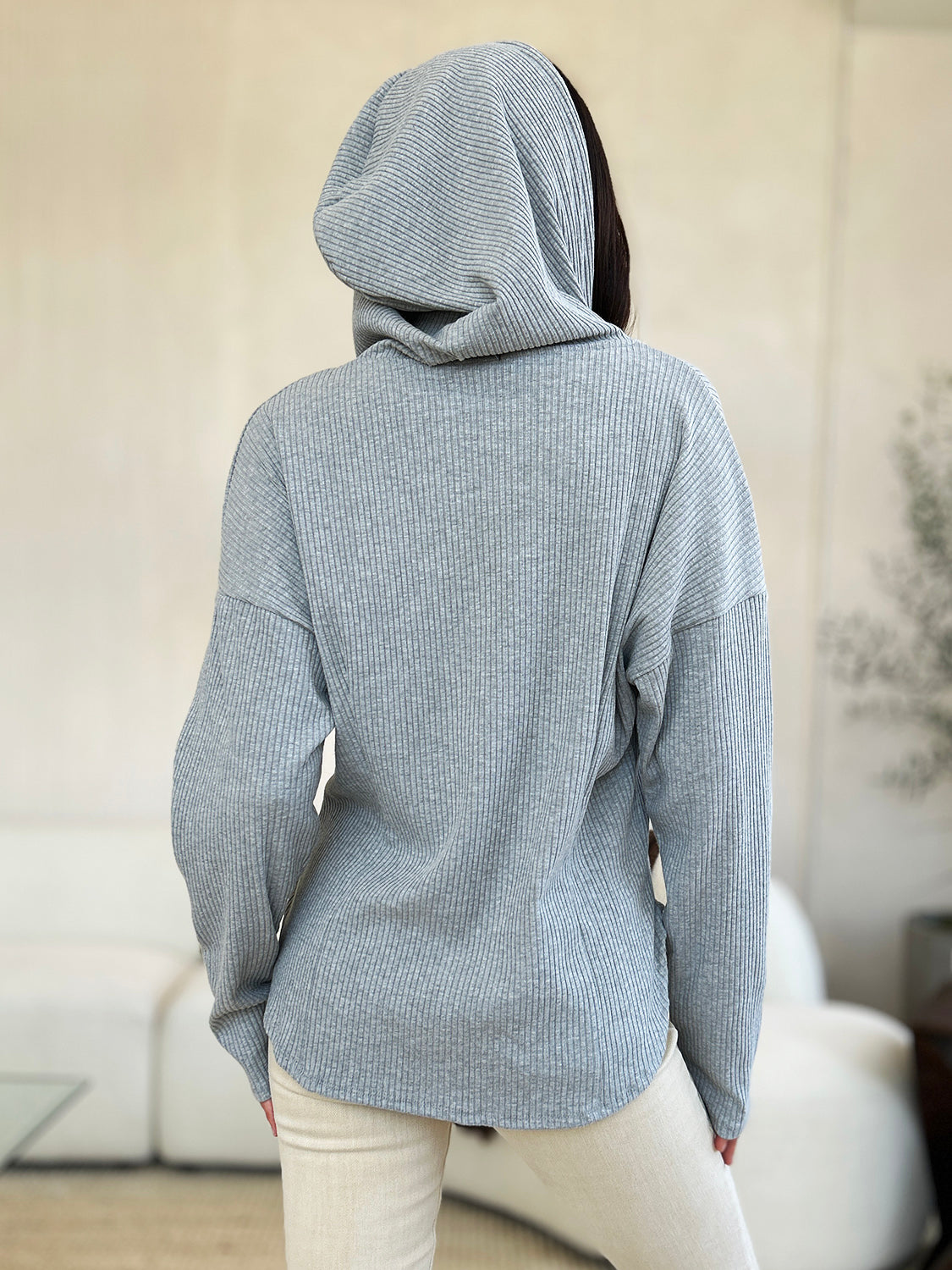 Culture Code Full Size Ribbed Zip Up Drawstring Hooded Jacket - UrbanEthereal