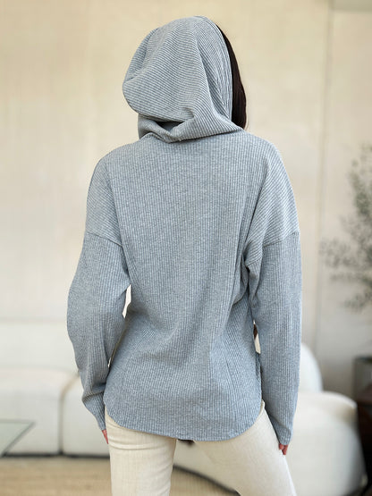 Culture Code Full Size Ribbed Zip Up Drawstring Hooded Jacket - UrbanEthereal
