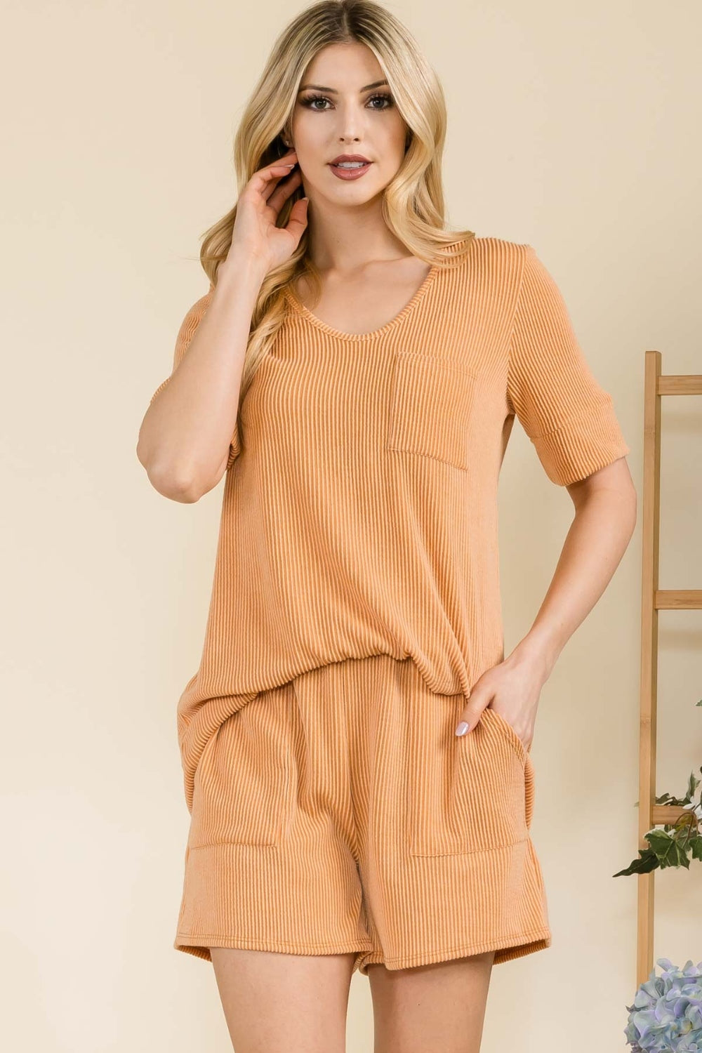 Celeste Full Size Rib Short Sleeve T-Shirt and Shorts Set - UrbanEthereal