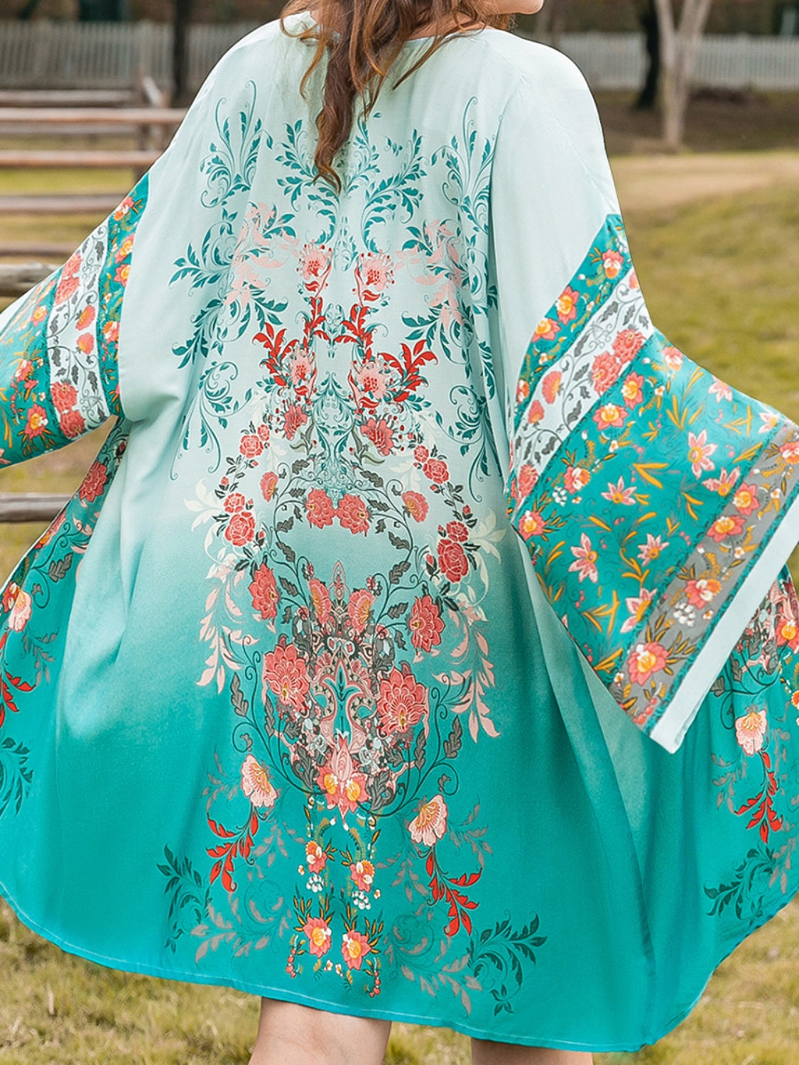 Plus Size Printed Open Front Long Sleeve Cover Up - UrbanEthereal