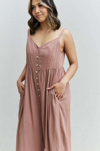 HEYSON All Day Full Size Wide Leg Button Down Jumpsuit in Mocha - UrbanEthereal