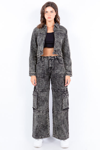 American Bazi Overdyed Bleached Zip Up Cropped Jacket - UrbanEthereal