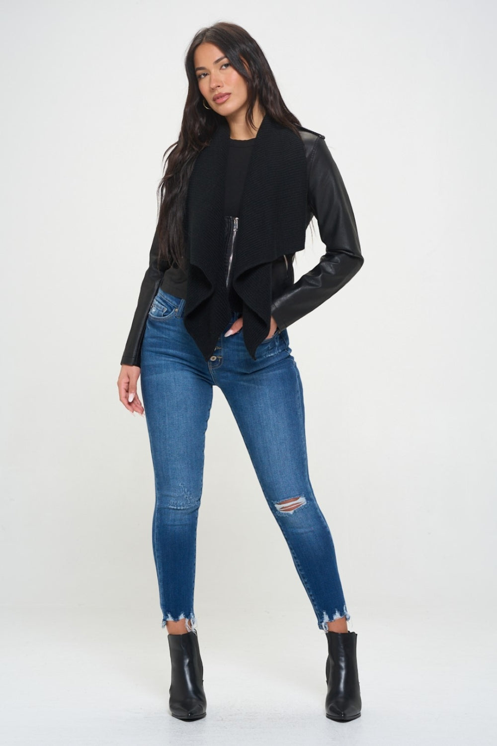 Coalition LA Knit Collared Faux Leather Crop Jacket - UrbanEthereal
