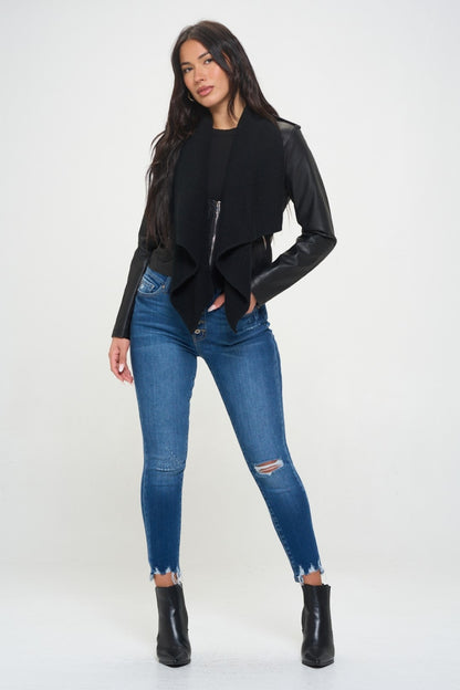 Coalition LA Knit Collared Faux Leather Crop Jacket - UrbanEthereal