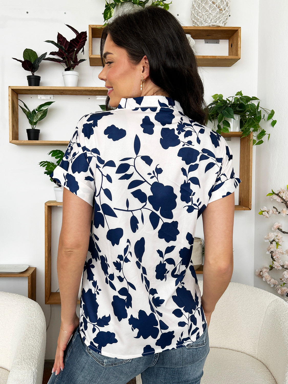 Flower Notched Short Sleeve Blouse - UrbanEthereal