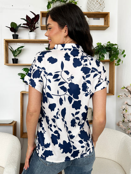 Flower Notched Short Sleeve Blouse - UrbanEthereal