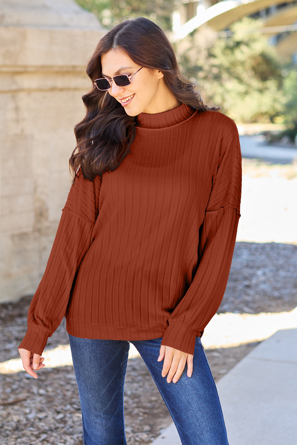 Basic Bae Full Size Ribbed Exposed Seam Mock Neck Knit Top - UrbanEthereal