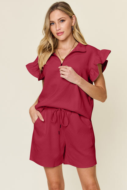 Double Take Full Size Texture Flounce Sleeve Top and Drawstring Shorts Set - UrbanEthereal