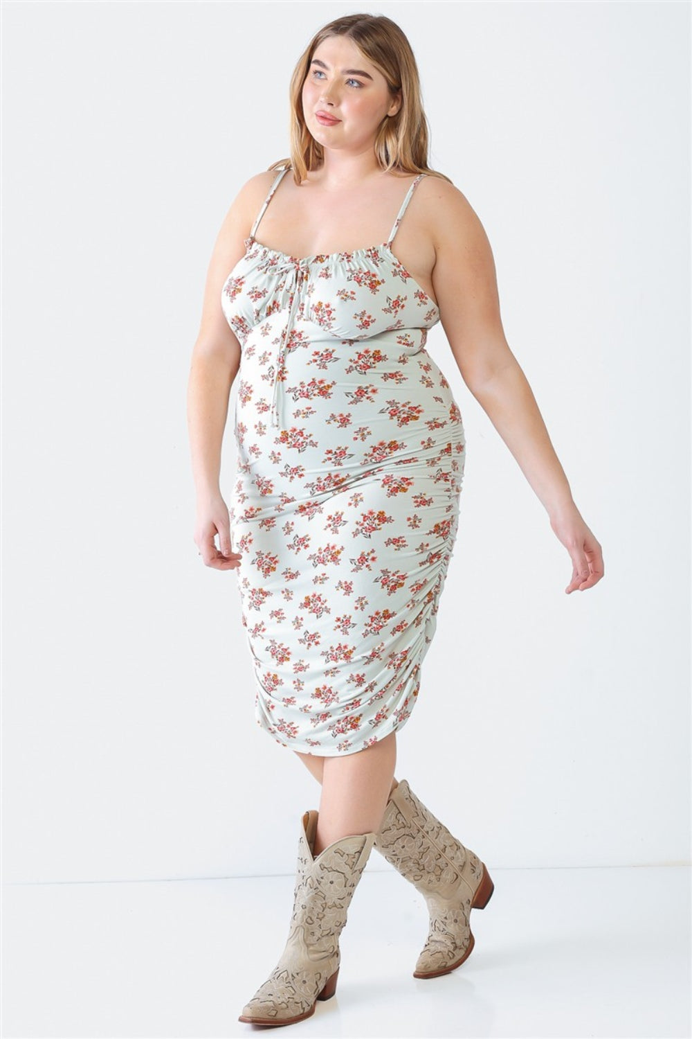 Blue Leopard Plus Size Ruched Floral Square Neck Cami Dress - UrbanEthereal