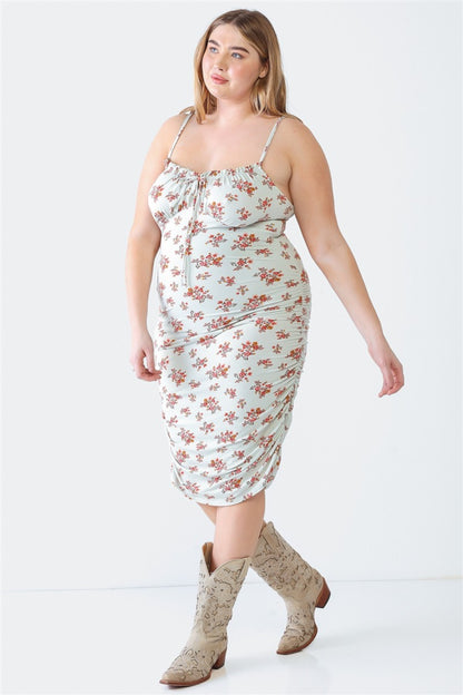 Blue Leopard Plus Size Ruched Floral Square Neck Cami Dress - UrbanEthereal