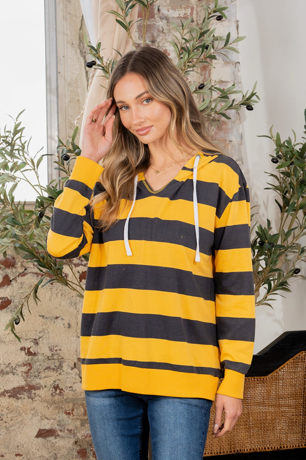 Full Size Drawstring Striped Long Sleeve Hoodie - UrbanEthereal