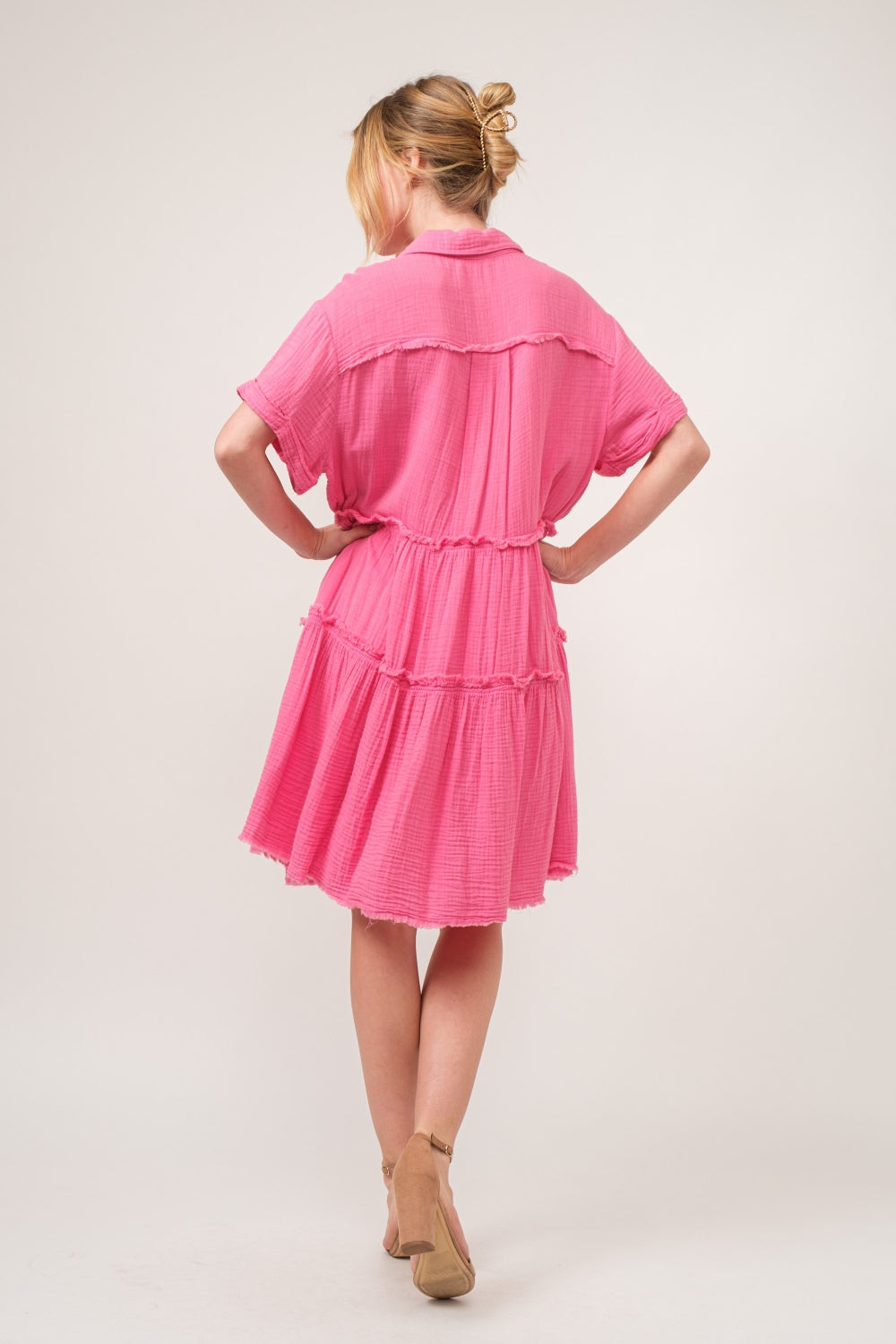 And The Why Full Size Raw Edge Washed Tiered Shirt Dress - UrbanEthereal