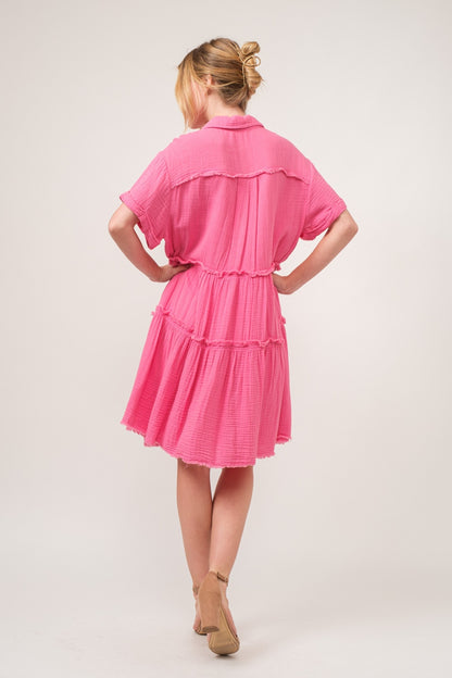 And The Why Full Size Raw Edge Washed Tiered Shirt Dress - UrbanEthereal