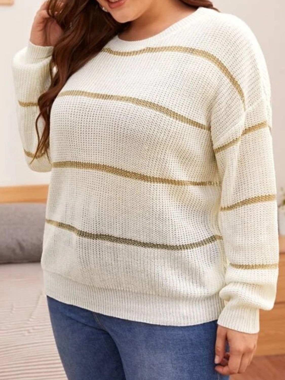 Plus Size Striped Dropped Shoulder Sweater - UrbanEthereal