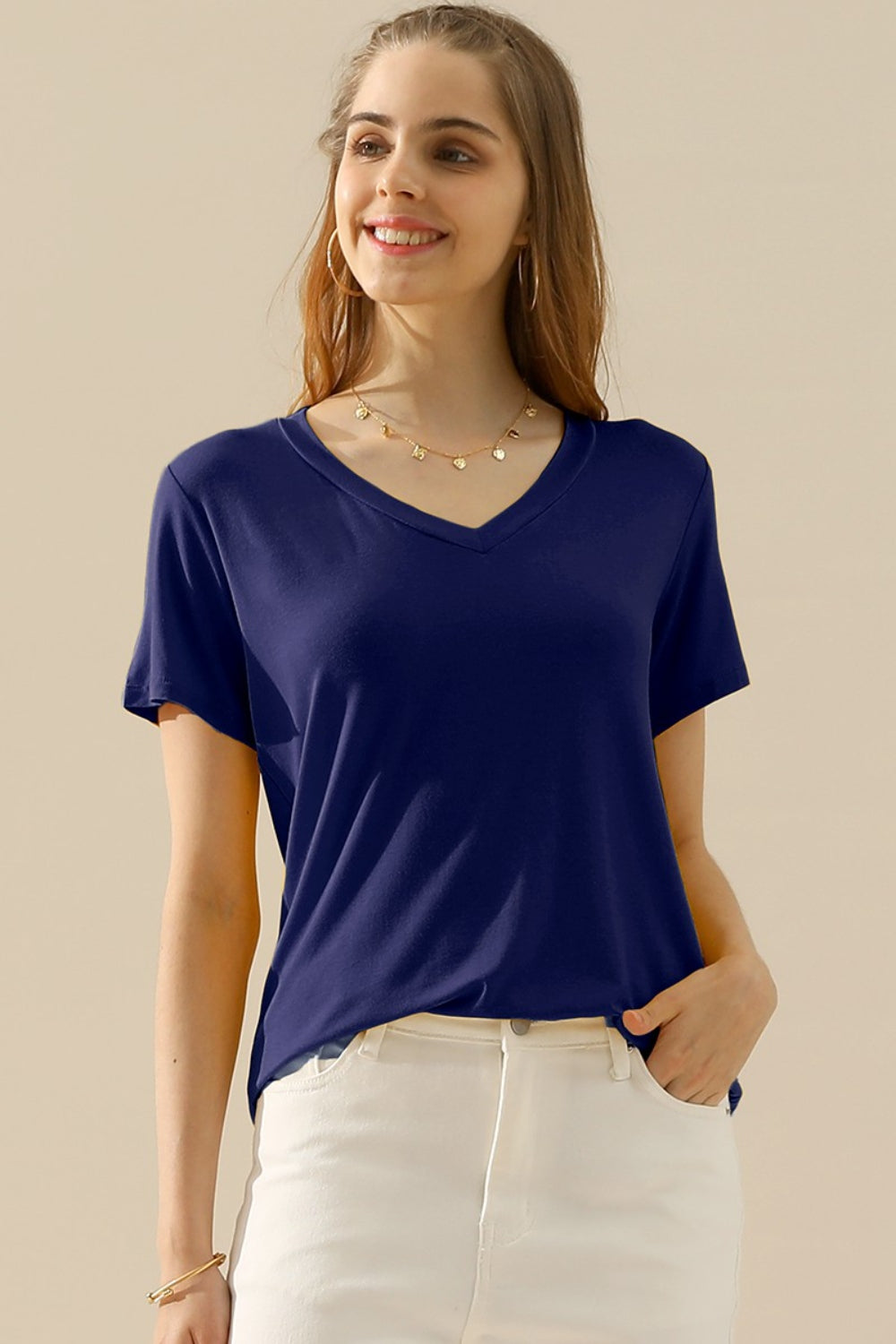 Ninexis Full Size V-Neck Short Sleeve T-Shirt - UrbanEthereal