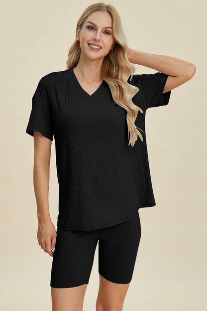 Basic Bae Full Size Ribbed V-Neck Short Sleeve Top and Shorts Set - UrbanEthereal