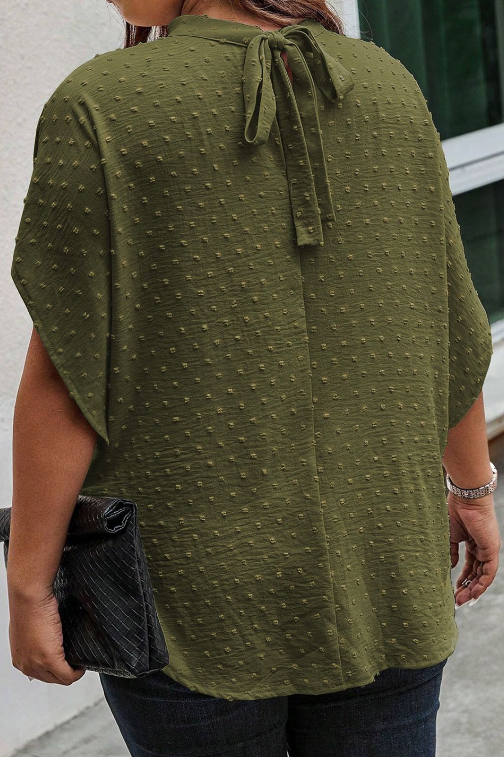 Plus Size Swiss Dot Tied Mock Neck Blouse - UrbanEthereal