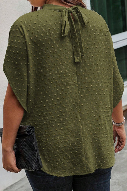 Plus Size Swiss Dot Tied Mock Neck Blouse - UrbanEthereal