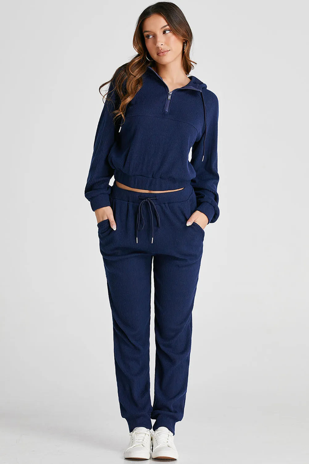 Drawstring Half Zip Hoodie and Joggers Active Set - UrbanEthereal
