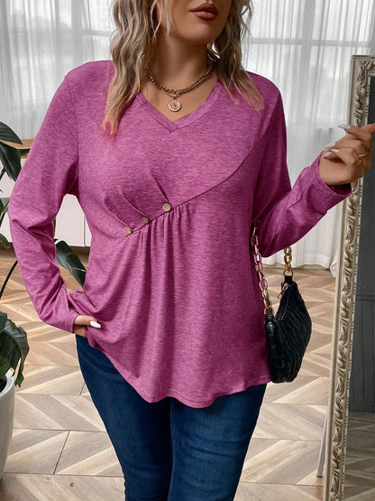 Plus Size Heathered V-Neck Decorative Button T-Shirt - UrbanEthereal