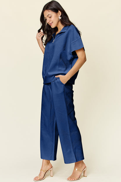Double Take Full Size Texture Half Zip Short Sleeve Top and Pants Set - UrbanEthereal