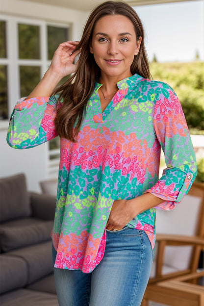 Plus Size Leopard Notched Long Sleeve Blouse - UrbanEthereal