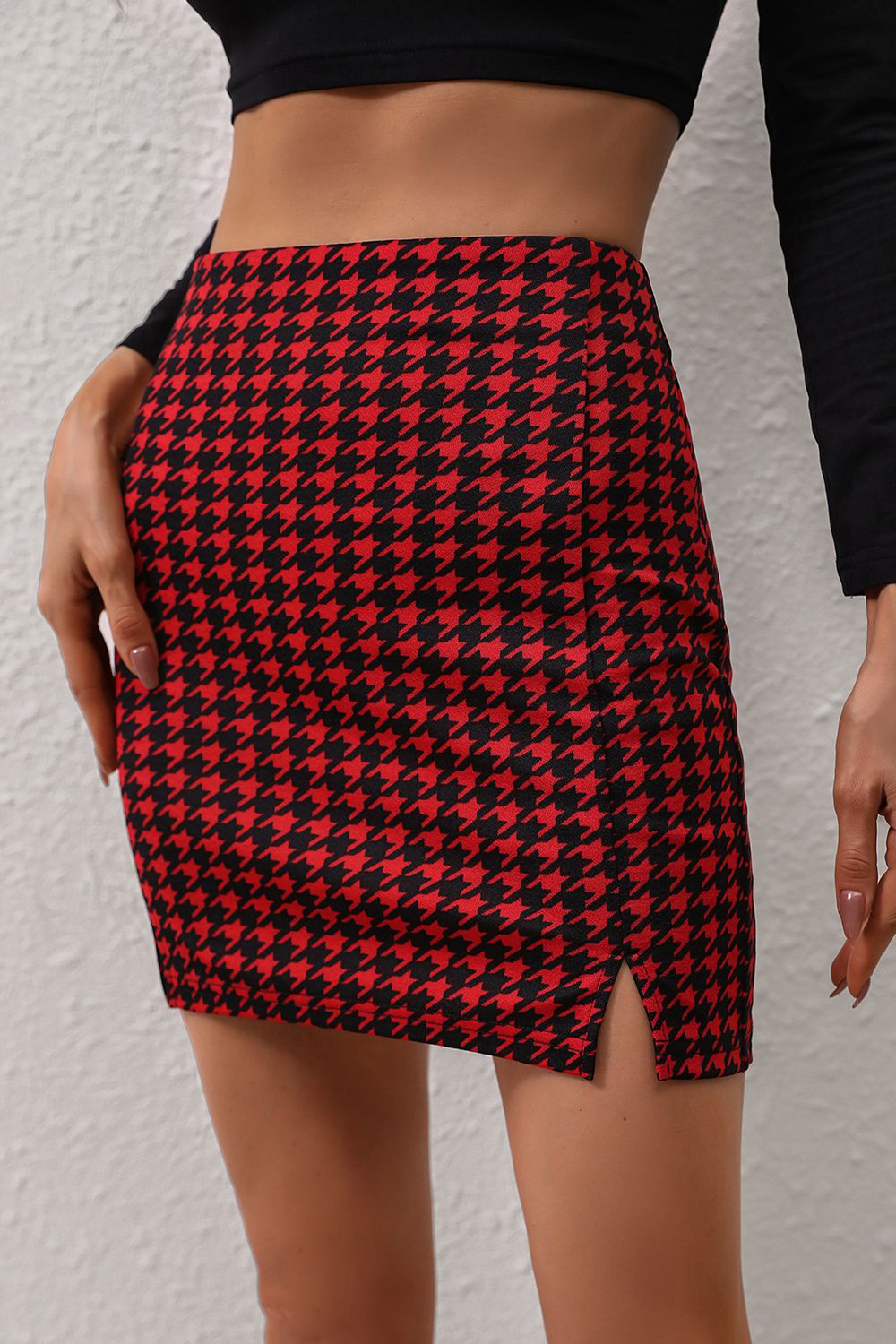 Honey Houndstooth Slit Mini Skirt