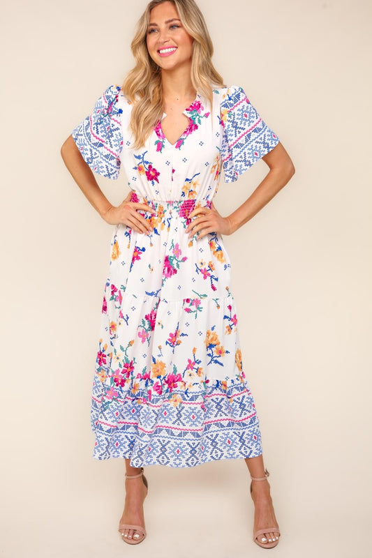 Haptics Printed Notched Short Sleeve Tiered Dress - UrbanEthereal