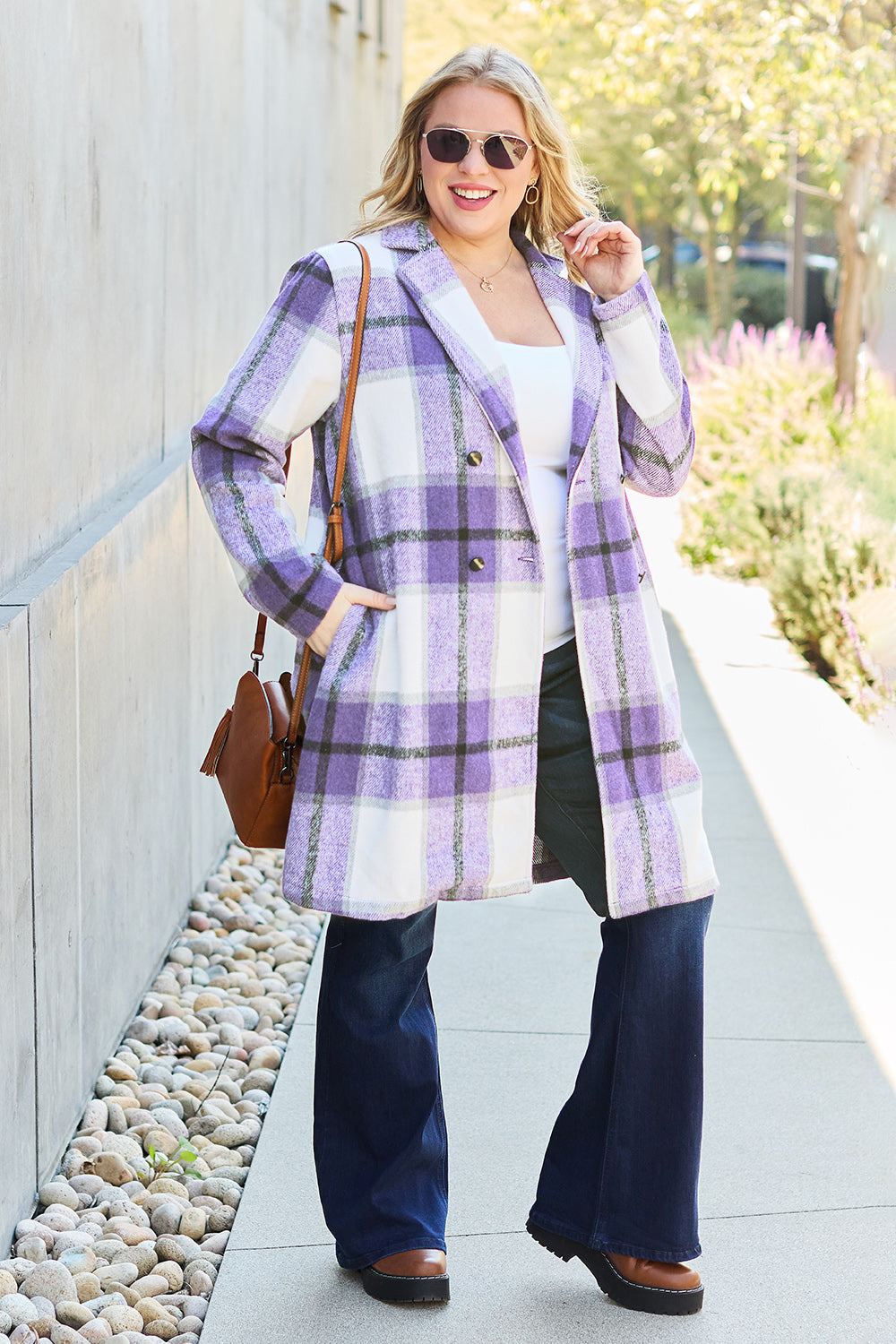 Double Take Full Size Plaid Button Up Lapel Collar Coat - UrbanEthereal