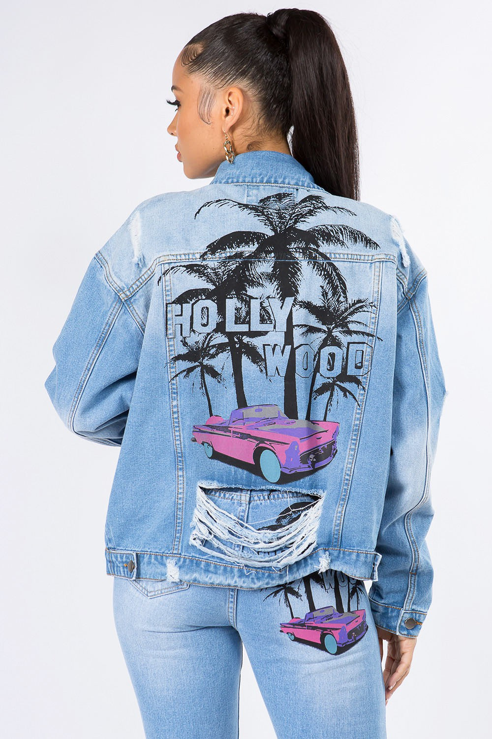American Bazi Graphic Distressed Long Sleeve Denim Jacket - UrbanEthereal