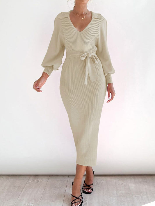 Perfee Tied Long Sleeve Wrap Sweater Dress