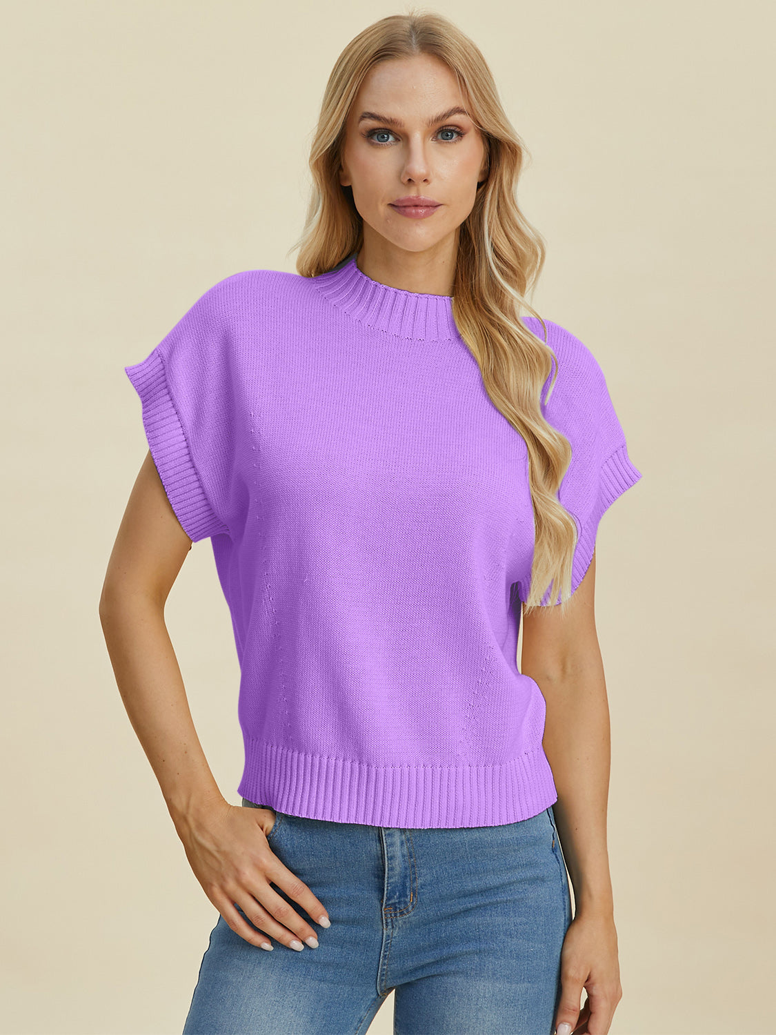 Double Take Full Size Mock Neck Short Sleeve Sweater - UrbanEthereal