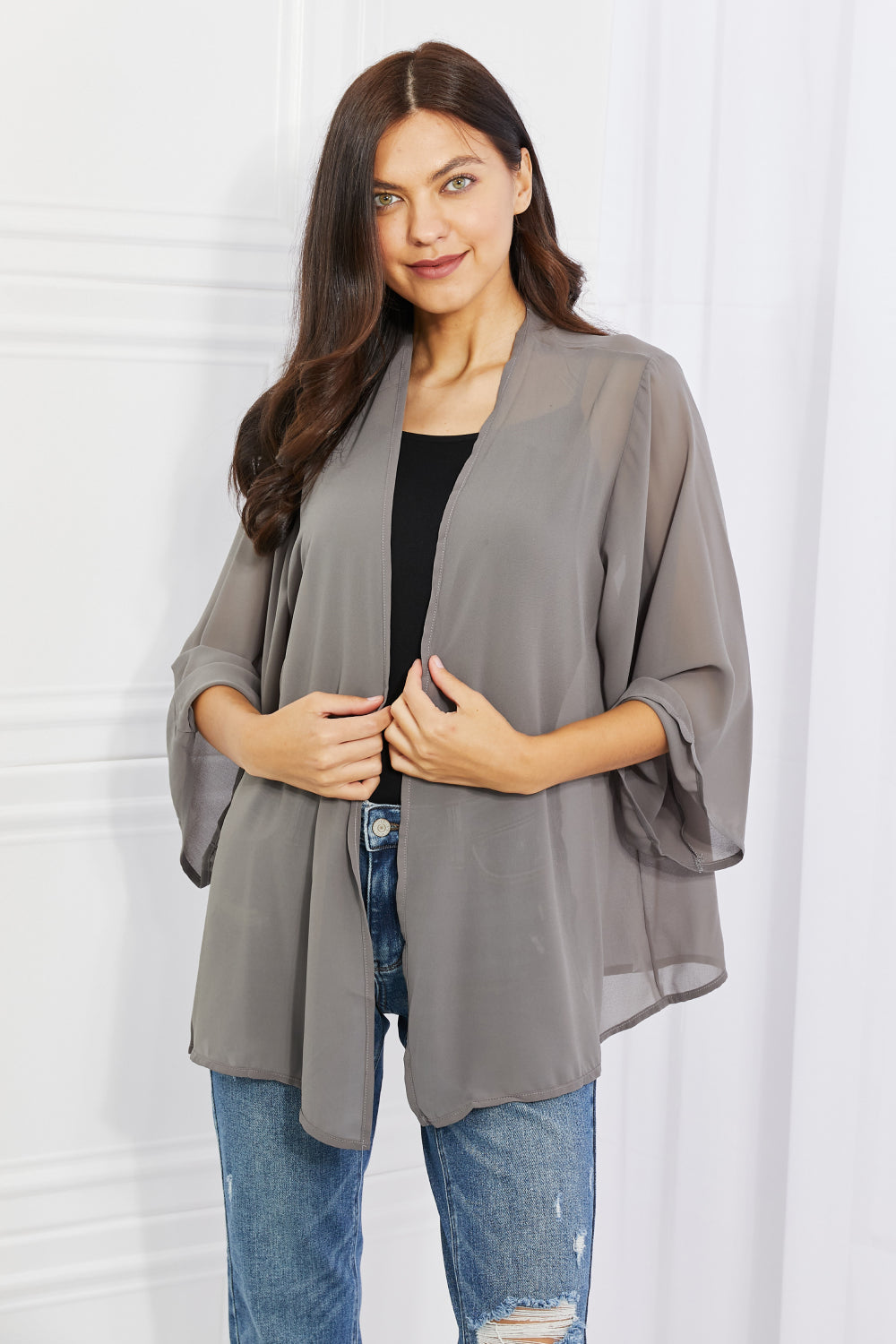 Melody Just Breathe Full Size Chiffon Kimono in Grey - UrbanEthereal