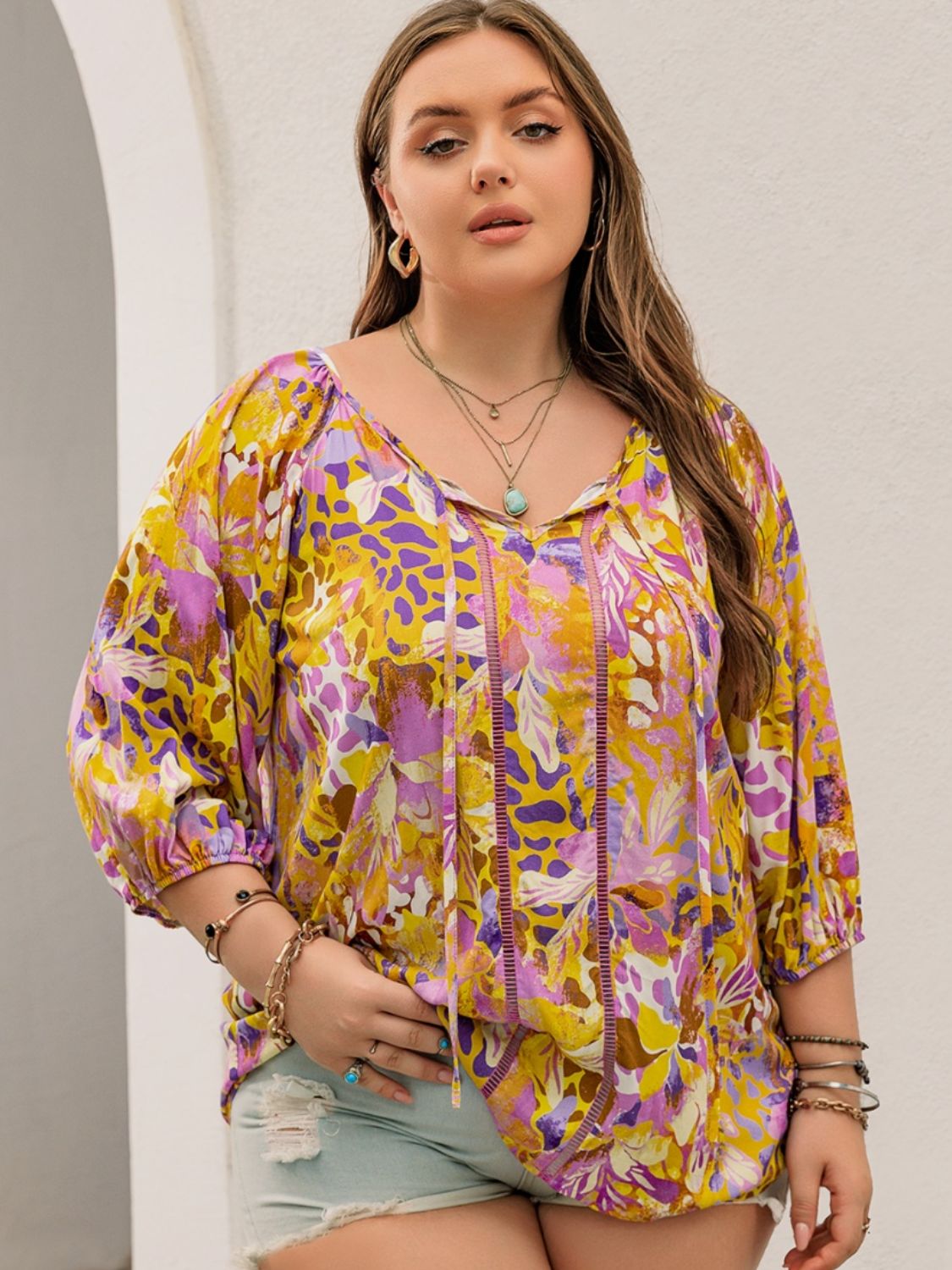Plus Size Printed Tie Neck Blouse - UrbanEthereal