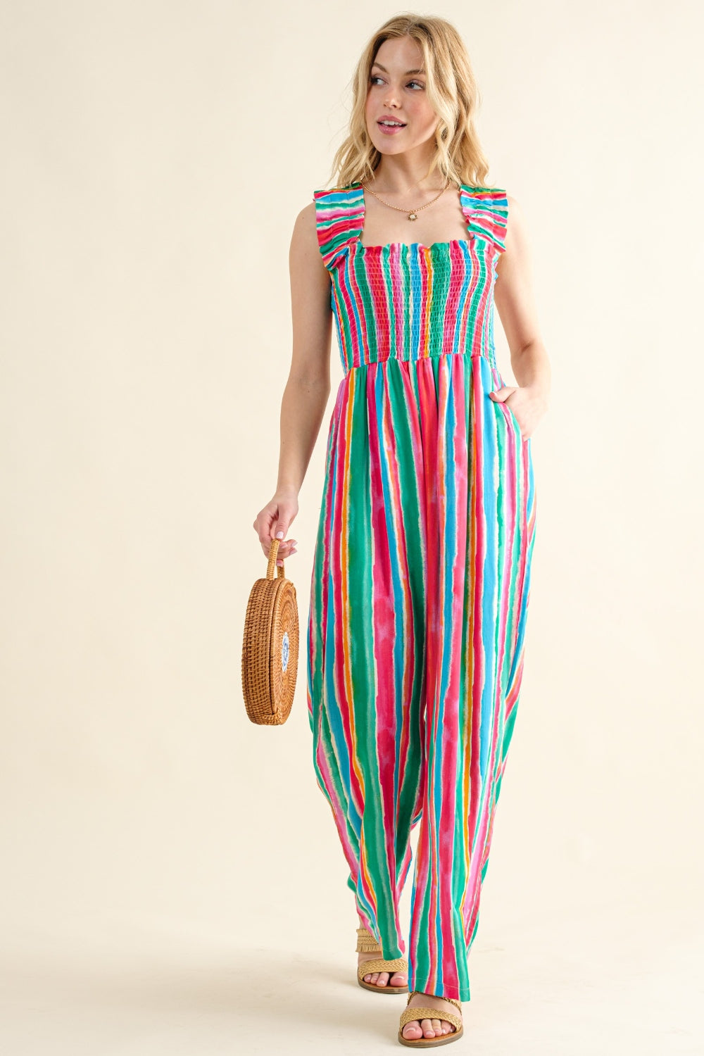 And The Why Full Size Striped Smocked Sleeveless Jumpsuit - UrbanEthereal