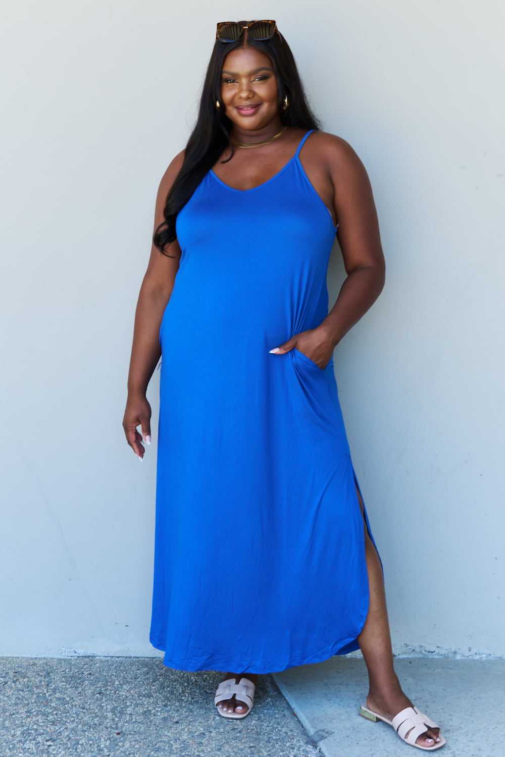 Ninexis Good Energy Full Size Cami Side Slit Maxi Dress in Royal Blue - UrbanEthereal